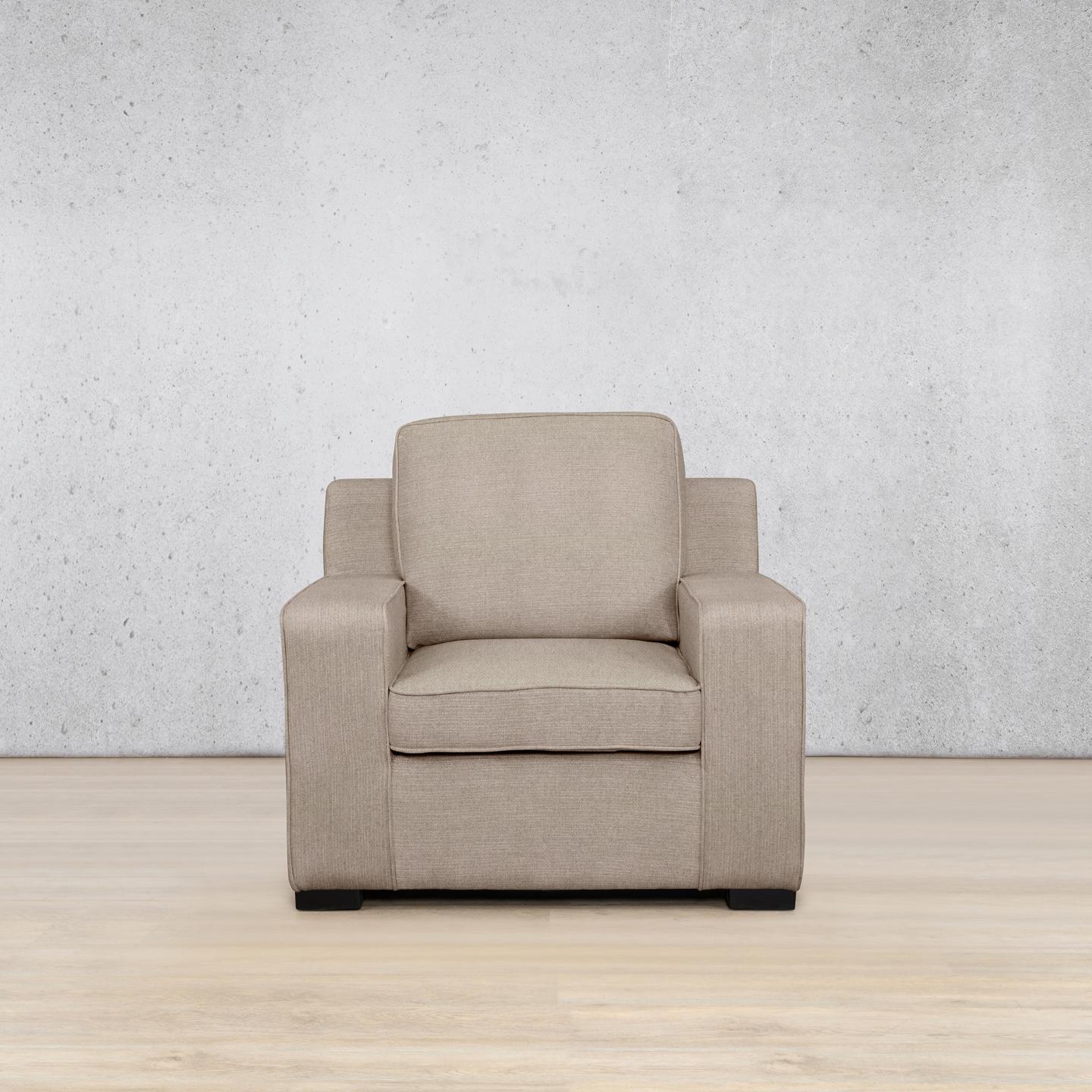 Front view of Rome 1 seater fabric sofa in Kenya Sand | Fabric couch, modern couch, single couch, couches for sale 