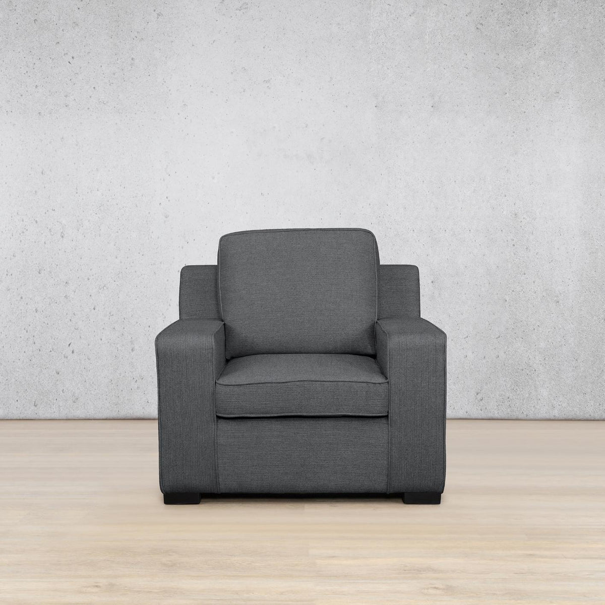 Rome Fabric 1 seater sofa, front view - Space Grey | Fabric Sofas, couches, single seater couches, couches for sale, grey couch 