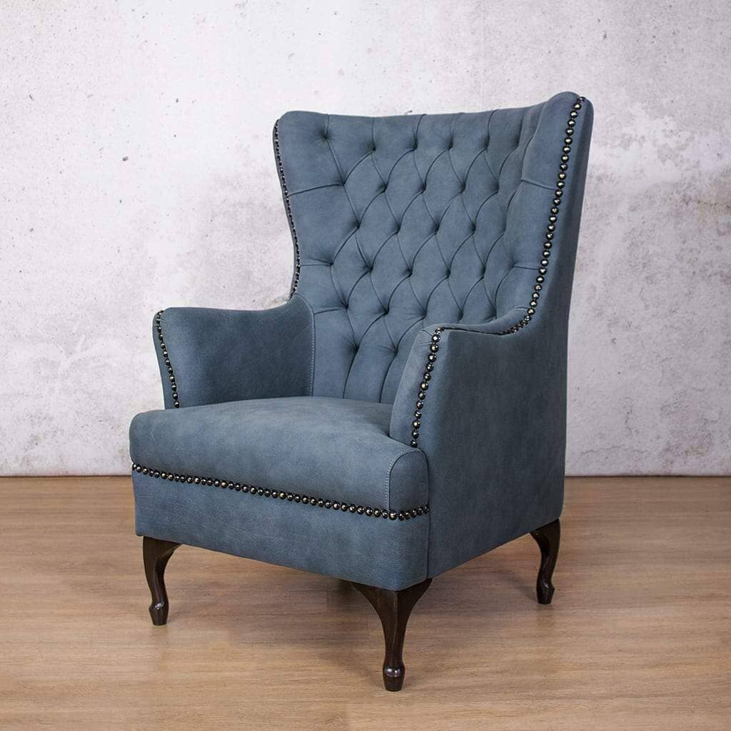 Flux Blue Sample of the Salina Leather Armchair with Wingback Detail | Occasional Chair Leather Gallery | Occasional Chairs For Sale