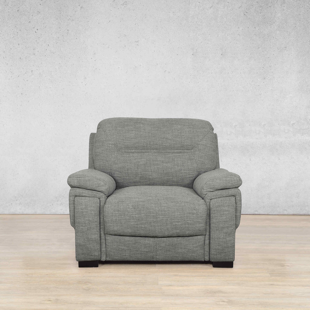 Front view of the San Lorenze 1 seater fabric couch in a neutral Kenya Grey | hue. | single couch, couches and sofas fabric couch, grey couch, couches for sale 