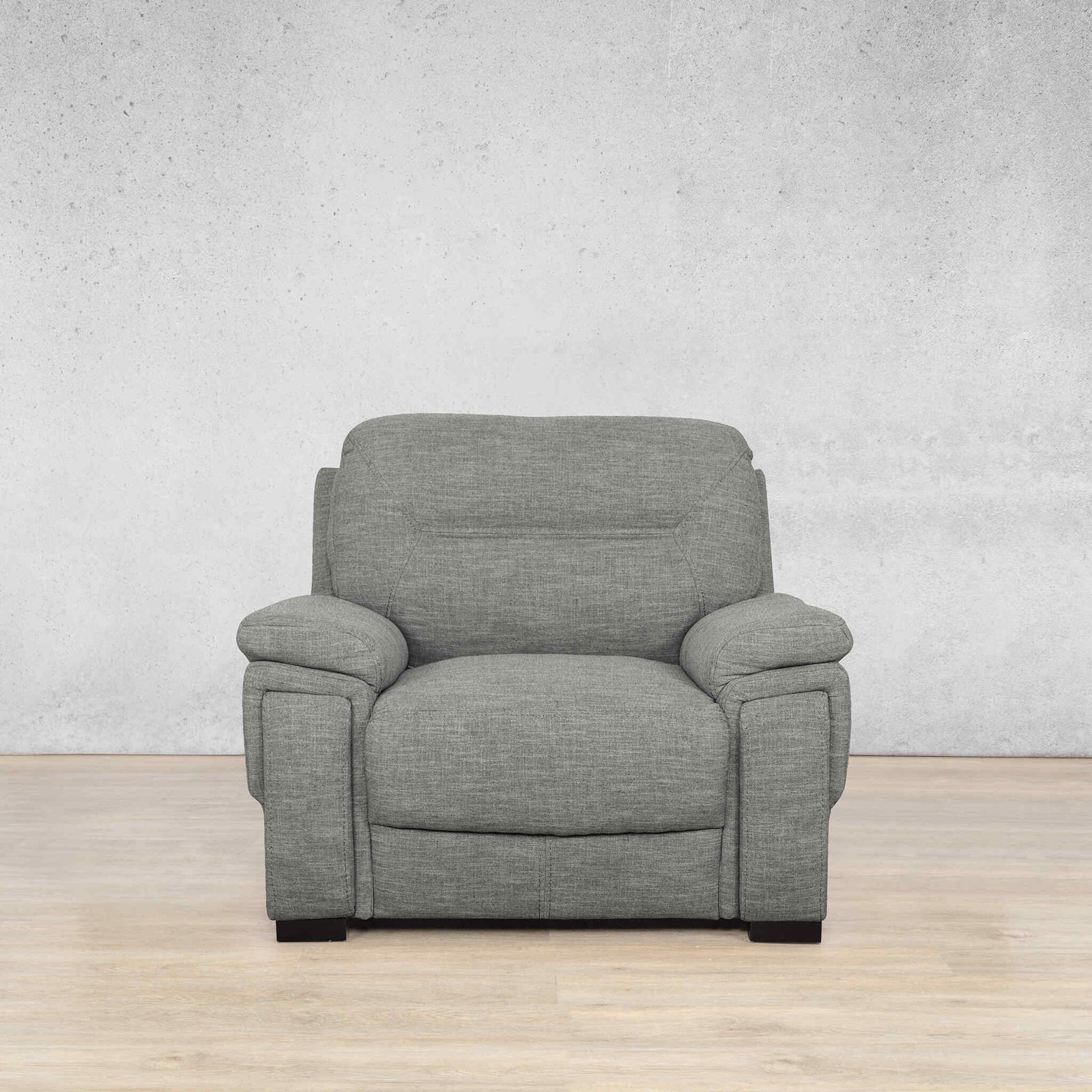 Front view of the San Lorenze 1 seater fabric couch in a neutral Kenya Grey | hue. | single couch, couches and sofas fabric couch, grey couch, couches for sale 