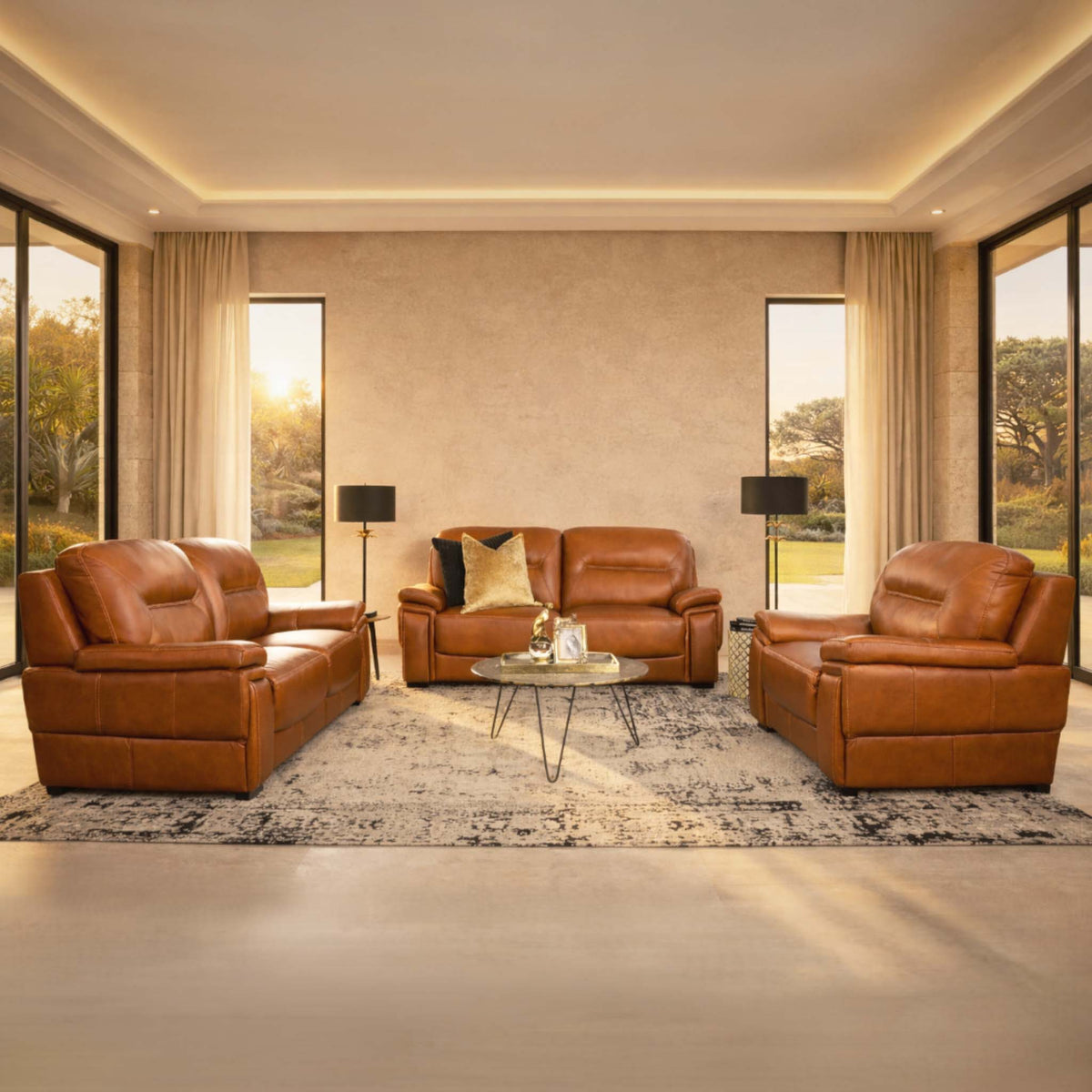 San Lorenze Leather Sofa Suite in Czar Pecan, shown in a modern lounge setting. | Leather couches, leather lounge suite, brown leather couch, leather couches for sale, genuine leather couches 