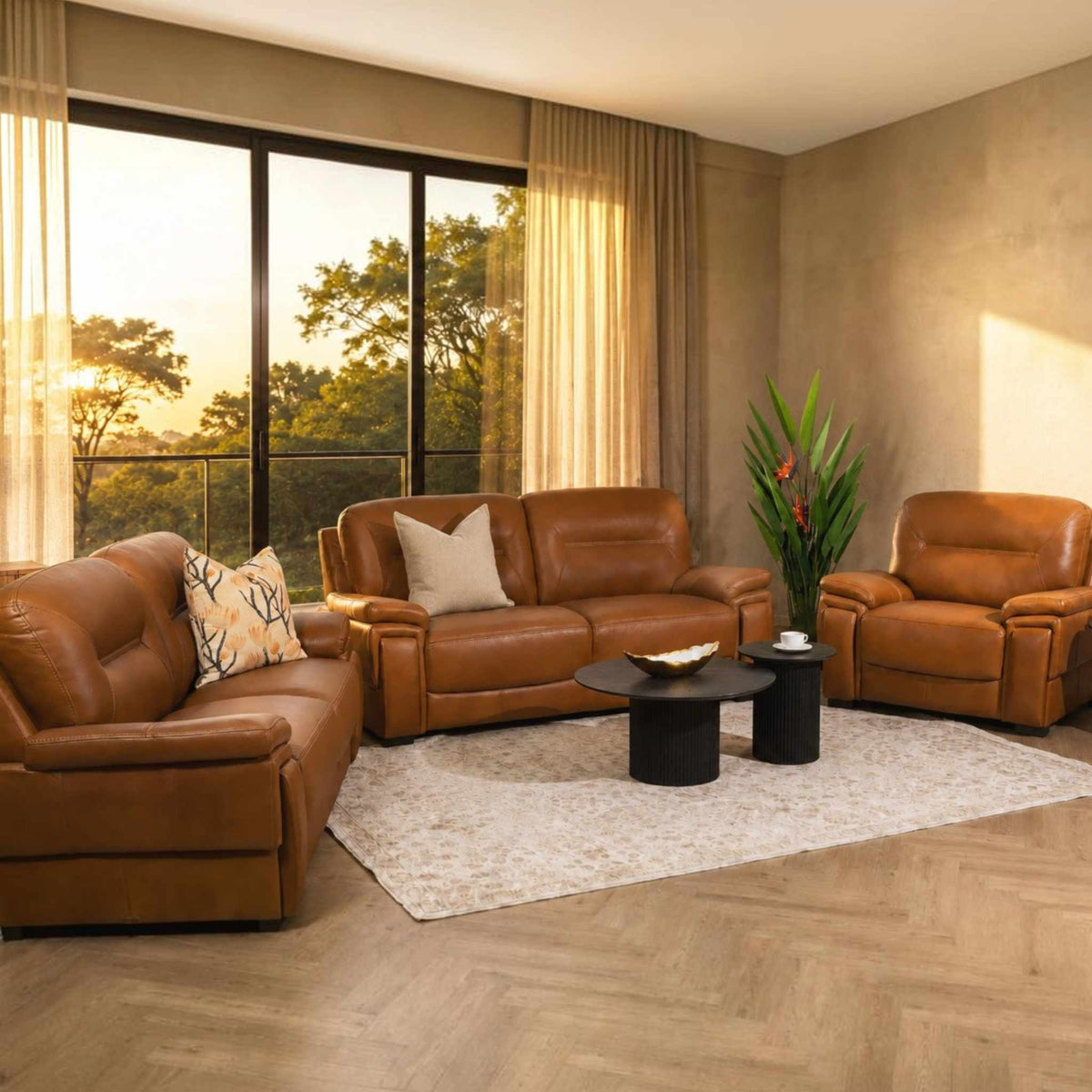 San Lorenze Leather Sofa Suite in Czar Pecan, shown in a modern lounge setting. | Leather couches, leather lounge suite, brown leather couch, leather couches for sale, genuine leather couches 