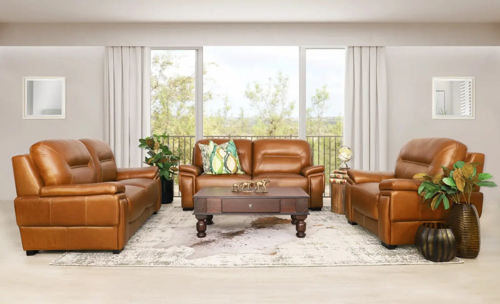 San Lorenze Leather 3+2+1 Sofa Suite in Czar Pecan colour.