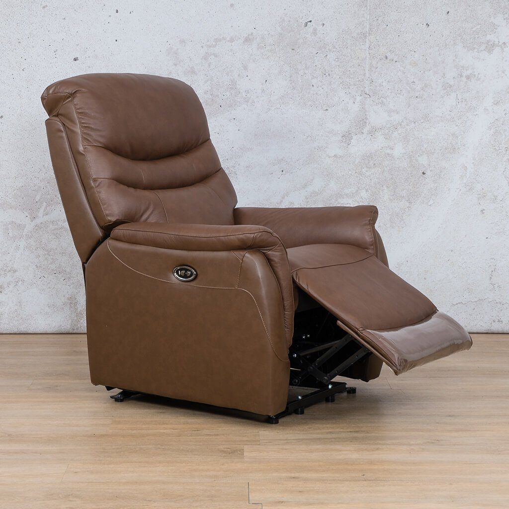 Seattle Leather Recliner Chair in saddle with its electronic lift and tilt recliner mechanism in action.