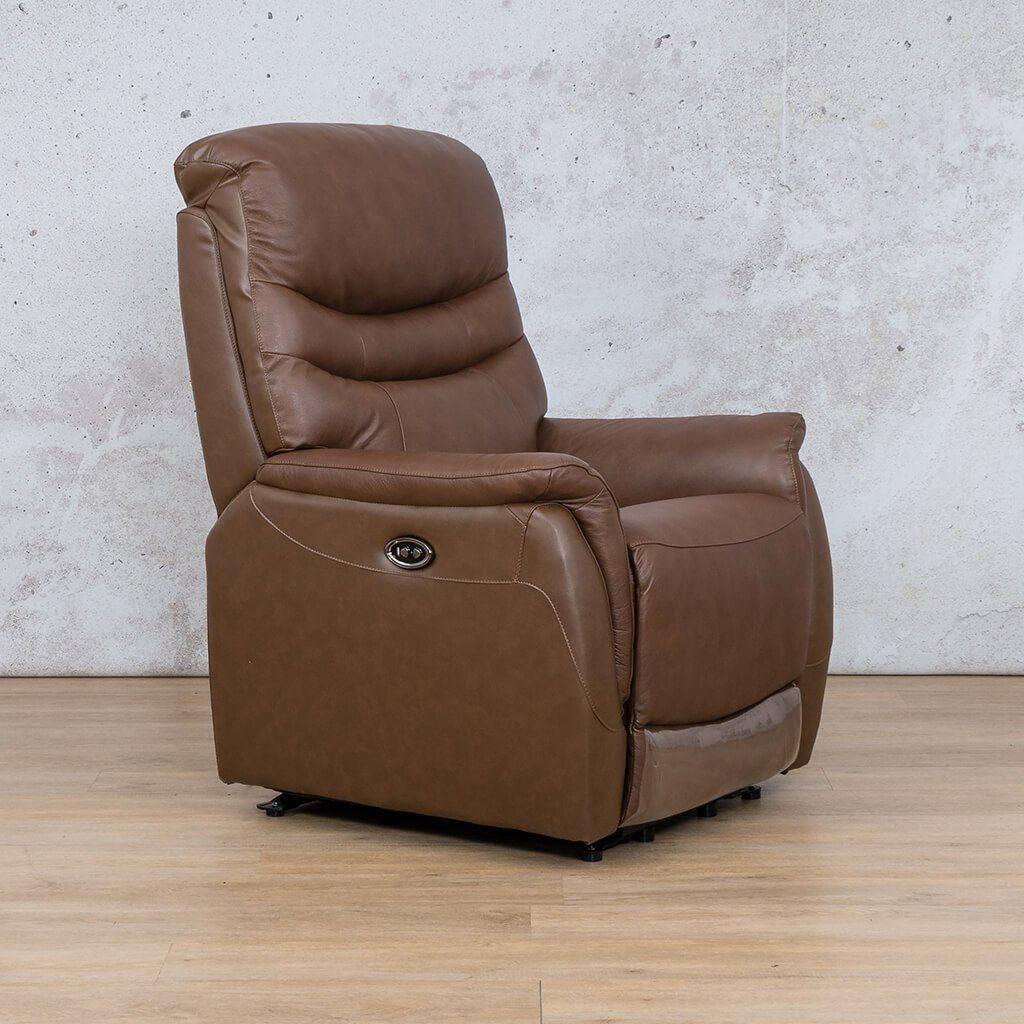 Side view of the Seattle Leather saddle Recliner Chair showcasing the built-in USB port and luxurious design.