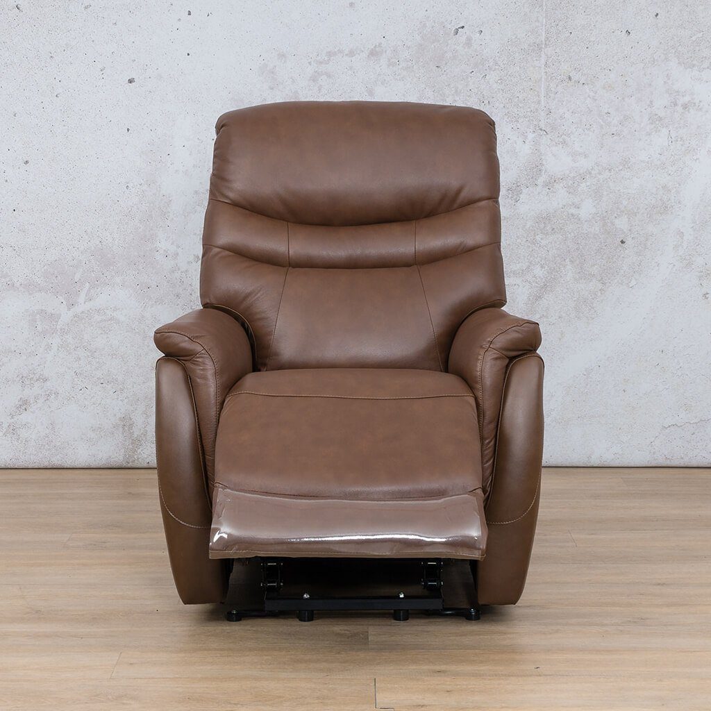 Front view of the Seattle Leather Recliner Chair in brown saddle leather. Perfect for lounge suites and bedrooms.