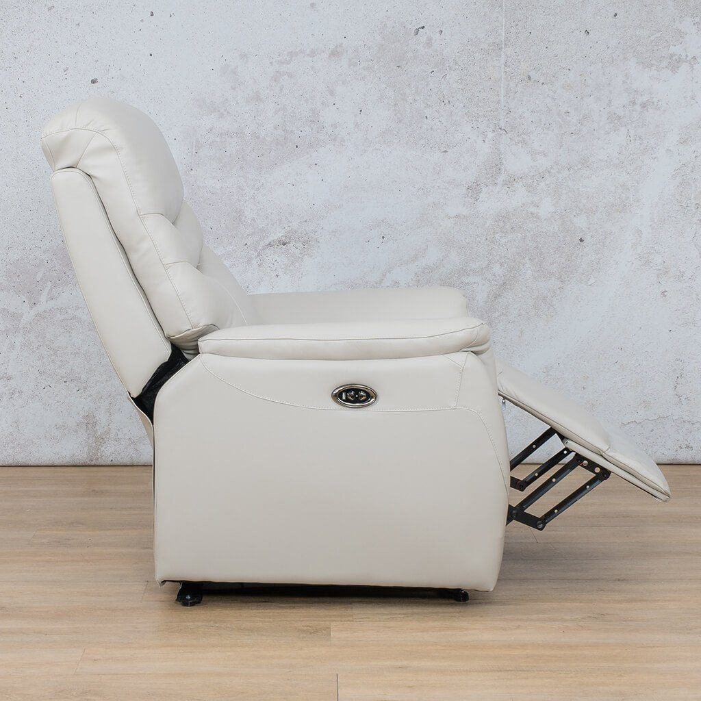  Side view of the Seattle Leather Recliner Chair in beige showcasing its recliner features and USB port. 