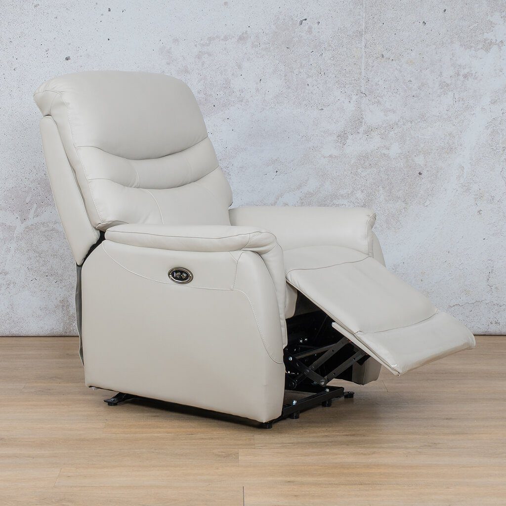 Close-up of the Seattle Leather Recliner Chair’s beige 30 density full foam seats for maximum comfort.