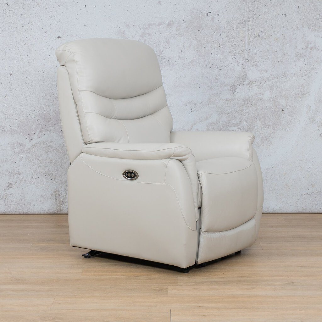 Side view of the Seattle Leather Recliner Chair in beige showcasing the built-in USB port and luxurious design.