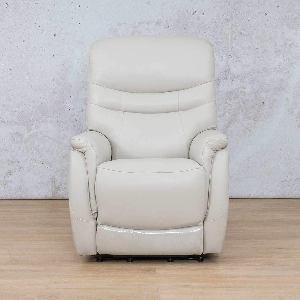 Front view of the Seattle Leather Recliner Chair in beige leather, featuring an electronic lift and tilt recliner mechanism.