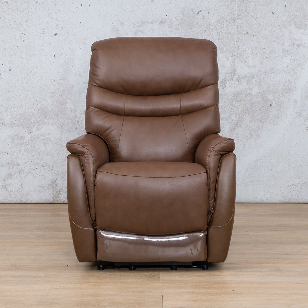 Front view of the Seattle Leather Recliner Chair in saddle, featuring an electronic lift and tilt recliner mechanism.