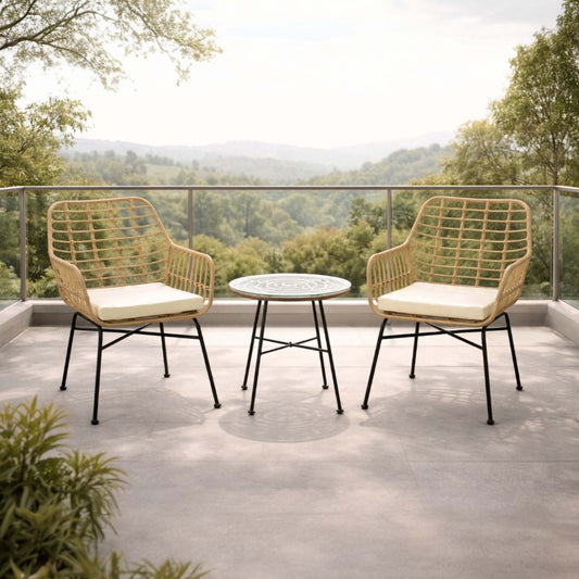 Gallery Everyday Sedona Patio Chairs and Table Set of 3, featuring two wicker chairs and a round table on a balcony with a scenic view.