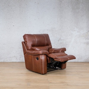 Senora Leather Recliner Chair in Odingo Bark, fully reclined, featuring Leggett and Platt mechanisms for seamless functionality.