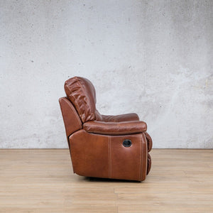 Side profile of the Senora Leather Recliner Chair in Odingo Bark. showing the premium genuine leather texture and stitching.