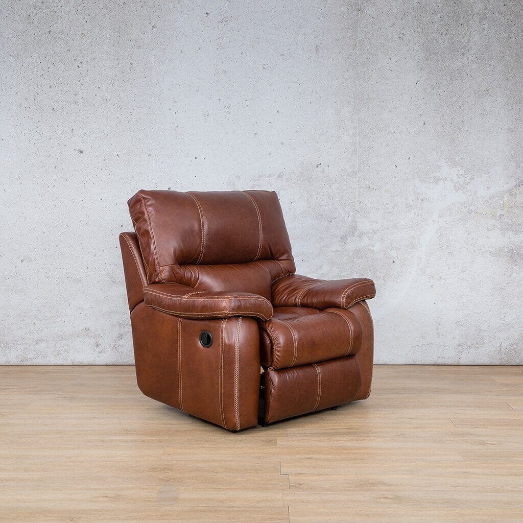 Side view of the Senora Leather Recliner Chair in Odingo Bark. The recliner chair highlights the sleek recliner mechanism and durable craftsmanship.