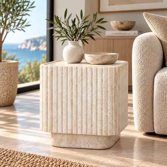 Gallery Everyday Serra Side Table in Seashell, featuring a cream stone finish with fluted detailing and a tiered base.