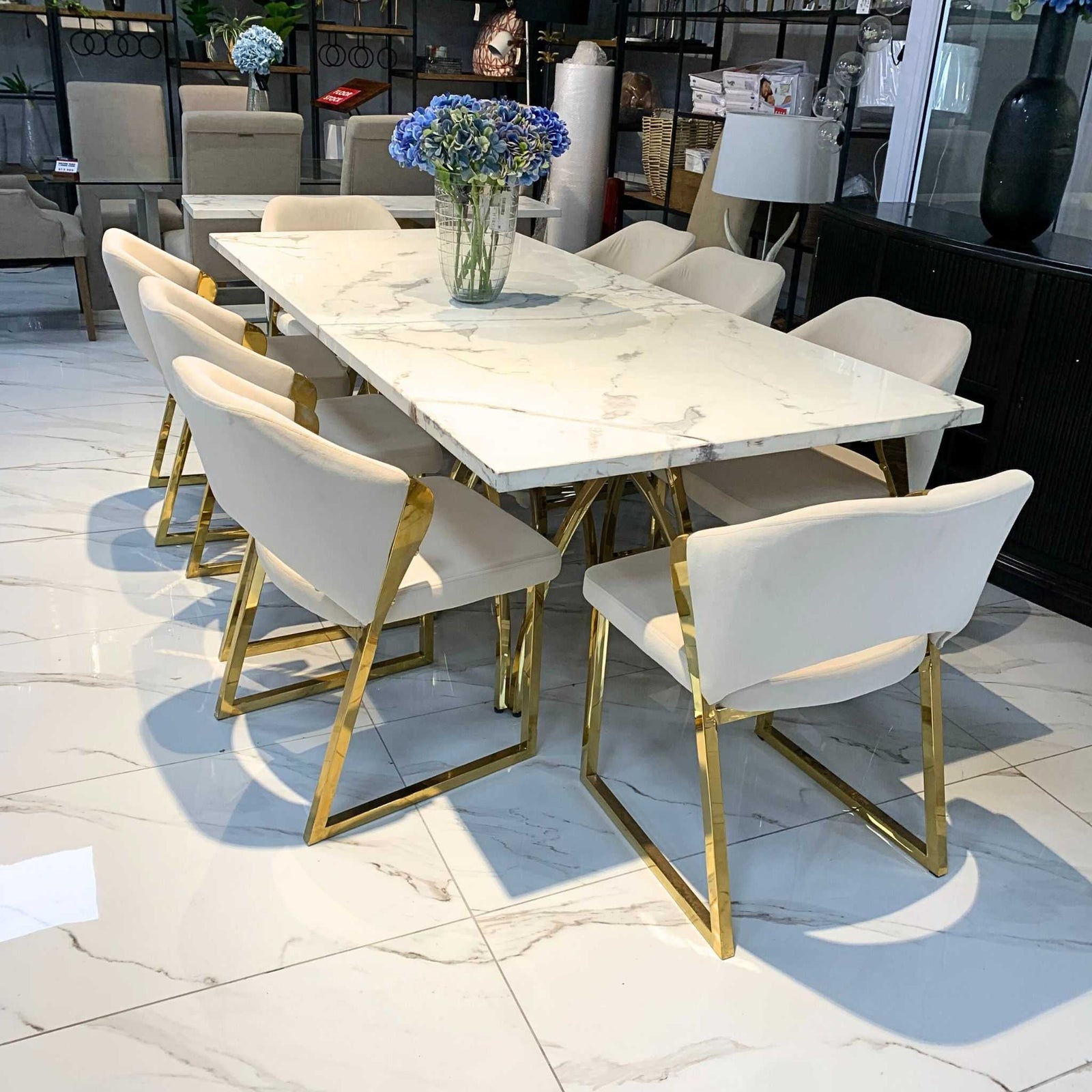 Sierra Marble Look & Cleopatra 8 Seater Dining Set - Warehouse Clearance