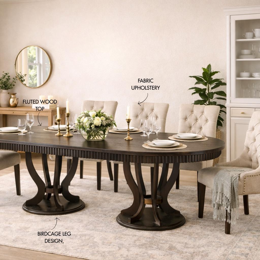 8-seater dining set featuring the Sorrento 2.1m extendable dining table in an antique chocolate colour, showcasing a unique birdcage leg design and fluted wood top with Duchess high-back fabric upholstered chairs featuring elegant tufting.