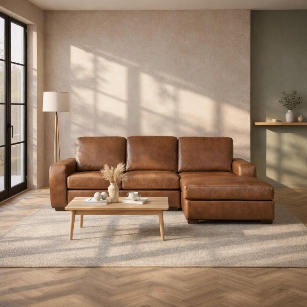 Stanford 3 seater leather L shaped couch shown in a minimalist lounge setting. | L shape couch, brown leather couch, leather l shape couch, l shape couch for sale 