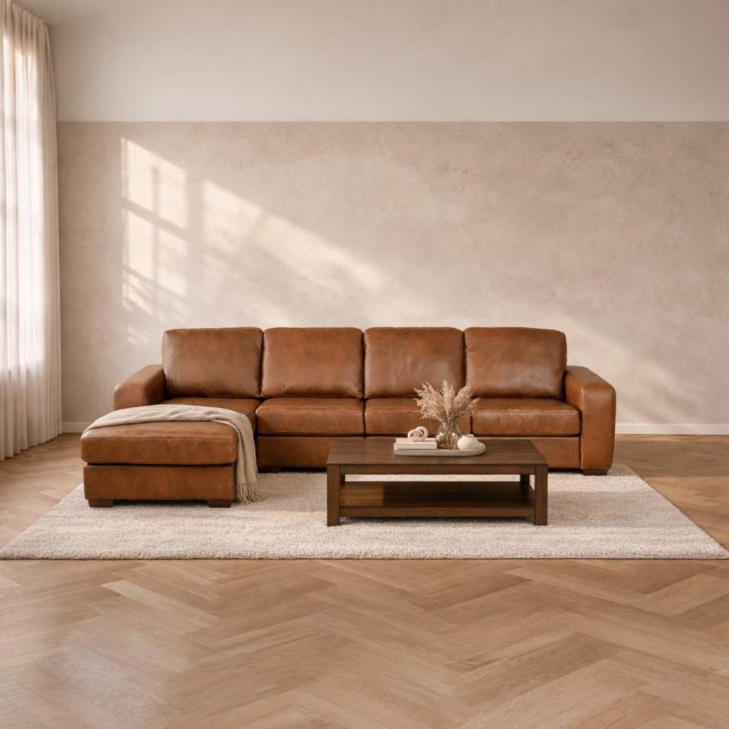 Stanford L shape couch in Czar Pecan in a chic, minimalist lounge space. |  L shape couch, brown leather couch, leather l shape couch, l shape couch for sale, modular couch 