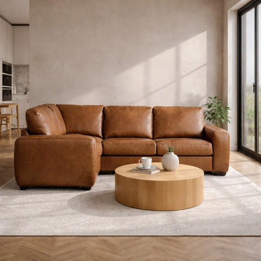 Stanford Leather L shaped couch with Chaise - 4 seater, in a rich Czar Pecan hue, shown in a modern living space. | L shaped couch, leather l shaped couch, l shaped couches for sale, brown leather couch