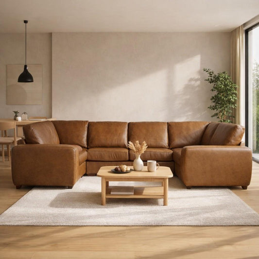  Stanford U shape couch in Czar Pecan, shown in an open plan living space.| U shape couch, brown leather couch, leather l shape couch, U shape couch for sale, couches south africa, modular couch