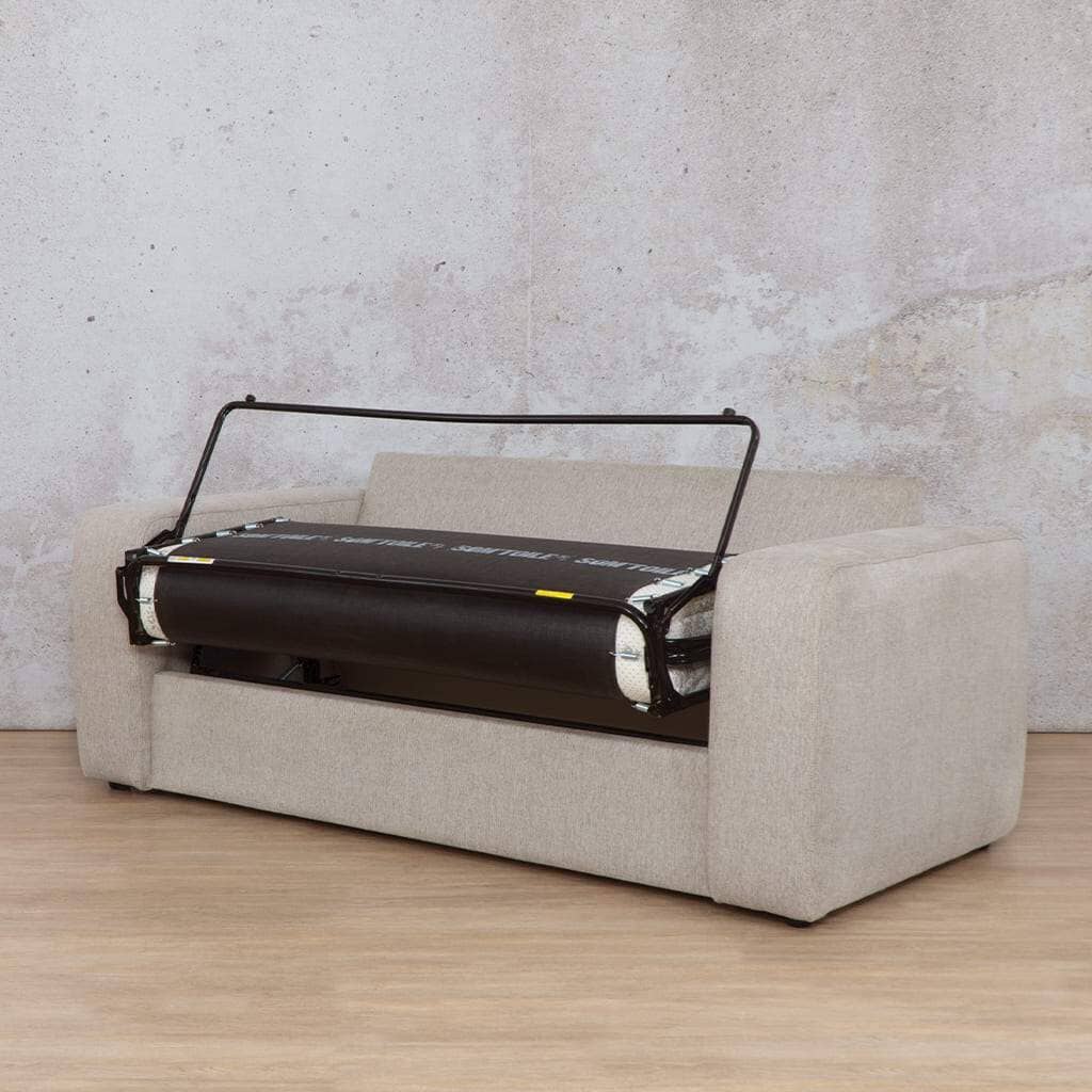 Leather Gallery’s Stanford fabric sleeper couch unfolds into a bed, demonstrating its easy transformation from a stylish sofa to a comfortable sleeper couch. Perfect for those needing a versatile sleeper couch option for guests. oyster