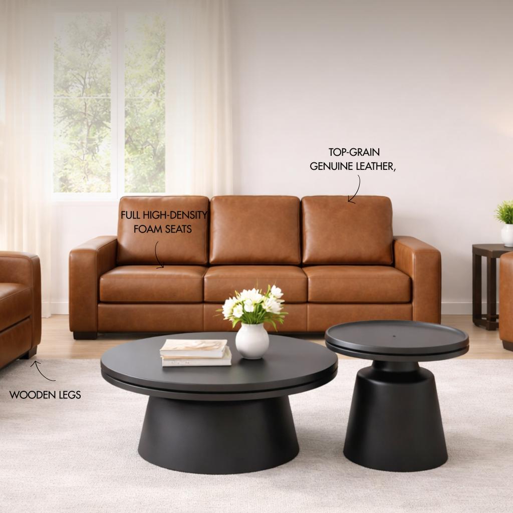 Stanford three-seater couch in tan top-grain genuine leather. Featuring a modern boxy silhouette, this brown leather couch includes full high-density foam seats and wooden legs. Czar Pecan 