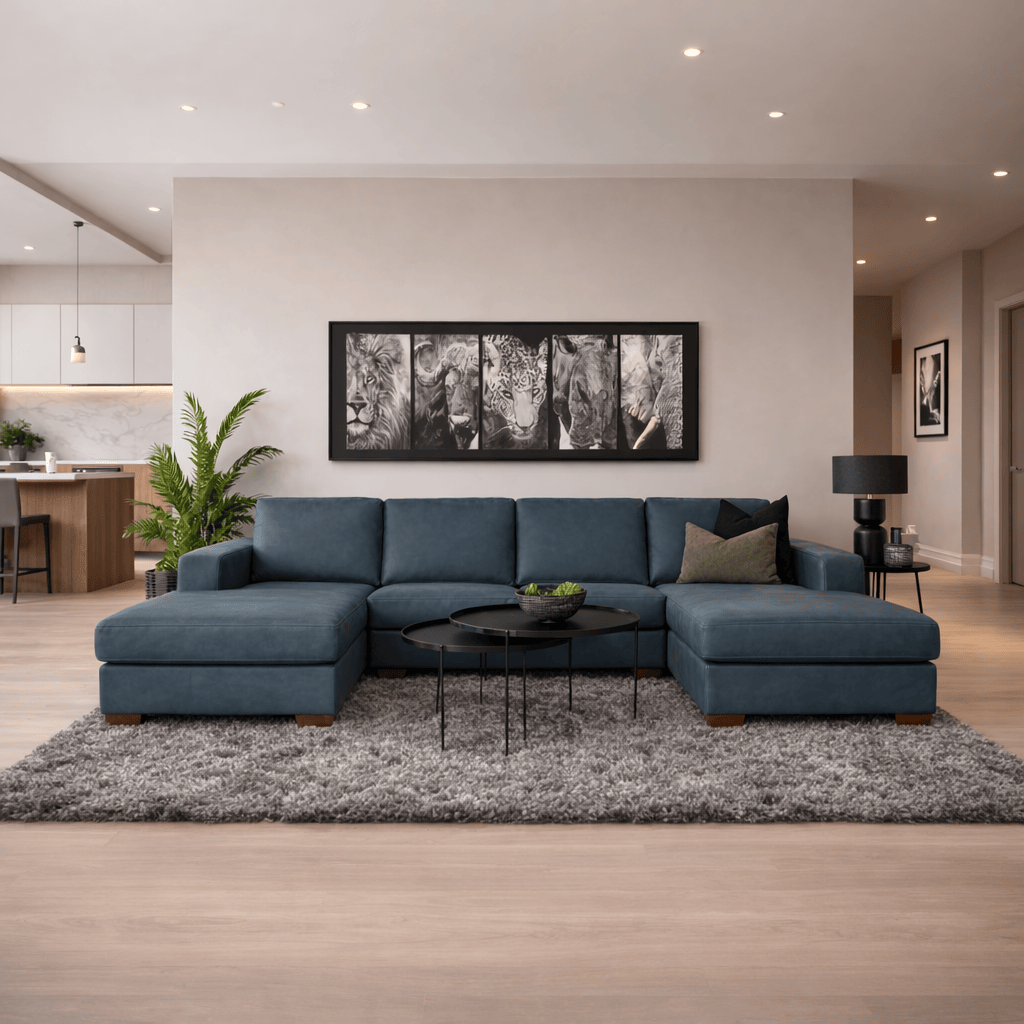 Stanford Leather U shape couch in flux blue, shown in a minimalist lounge setting. | U shaped couch, couches for sale, modular couch, blue couch, chaise lounge 