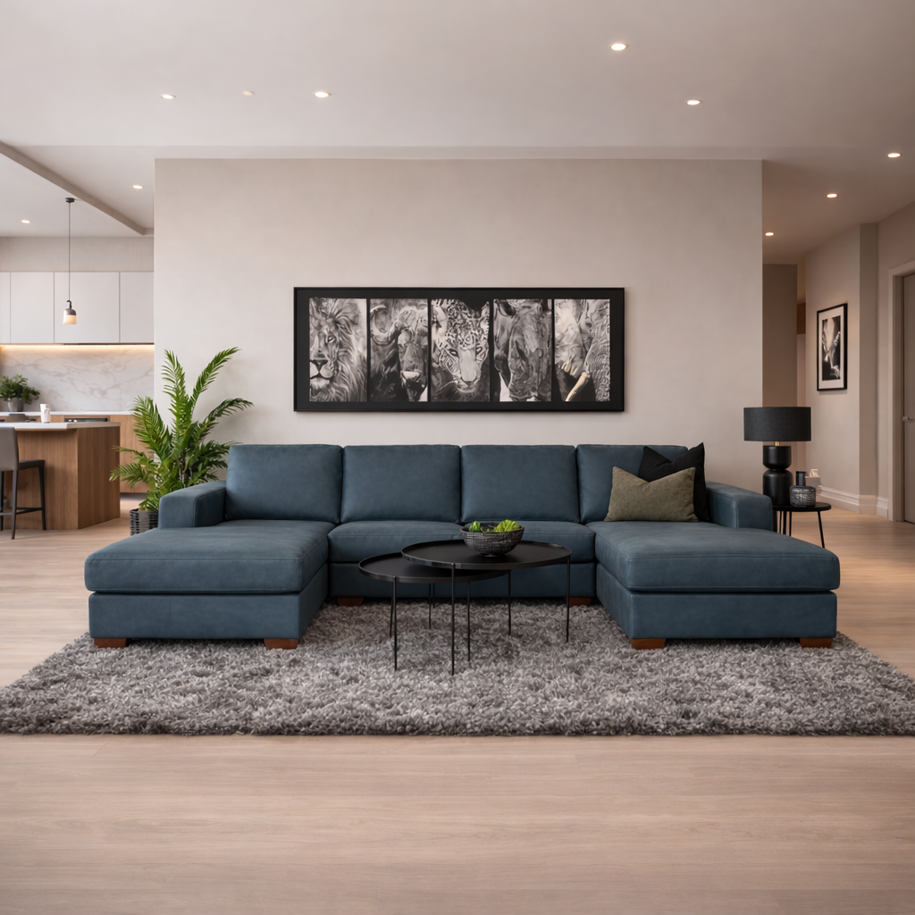 Stanford Leather U shape couch in flux blue, shown in a minimalist lounge setting. | U shaped couch, couches for sale, modular couch, blue couch, chaise lounge 