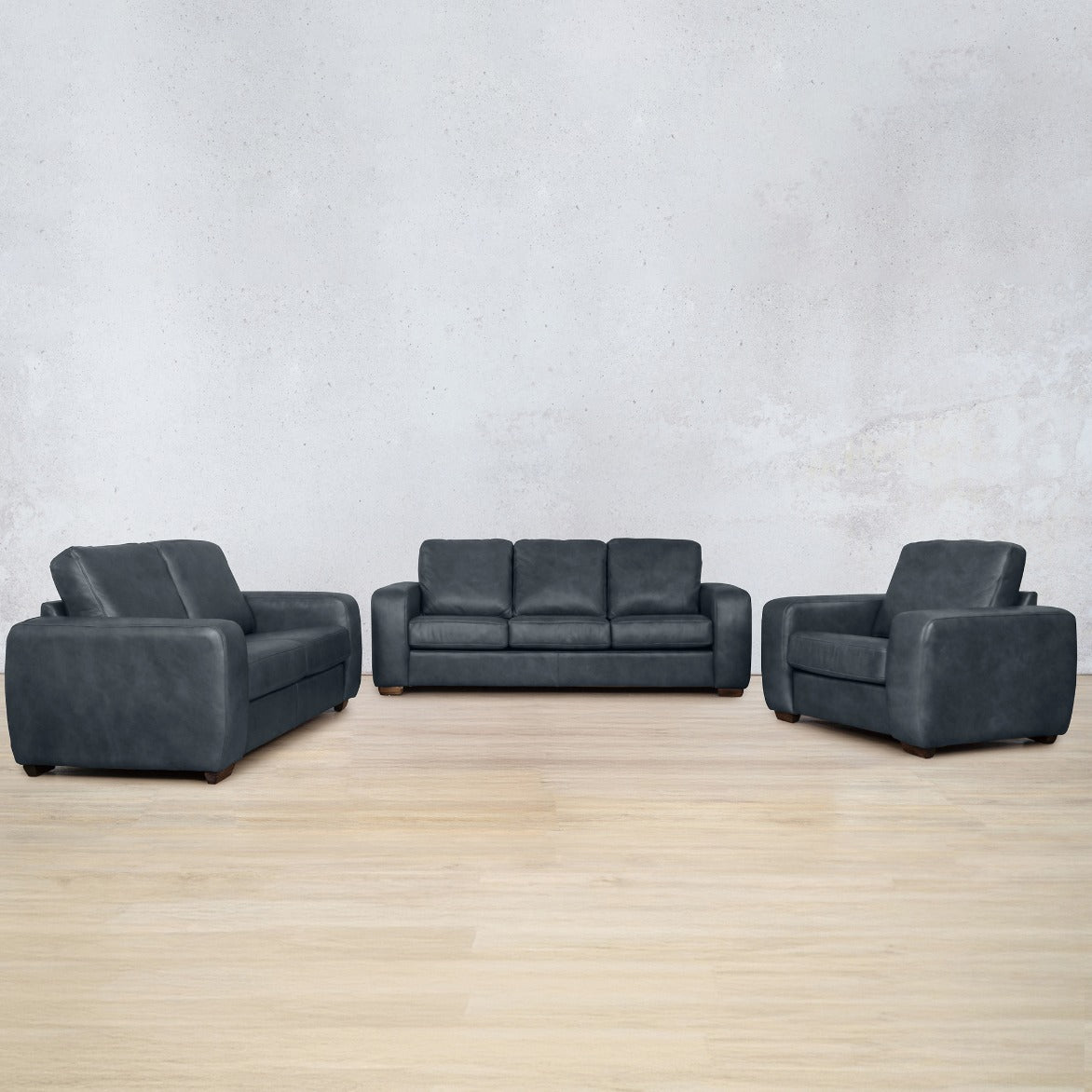 group view of stanford suite 3+2+1 leather sofa bedlam blue night