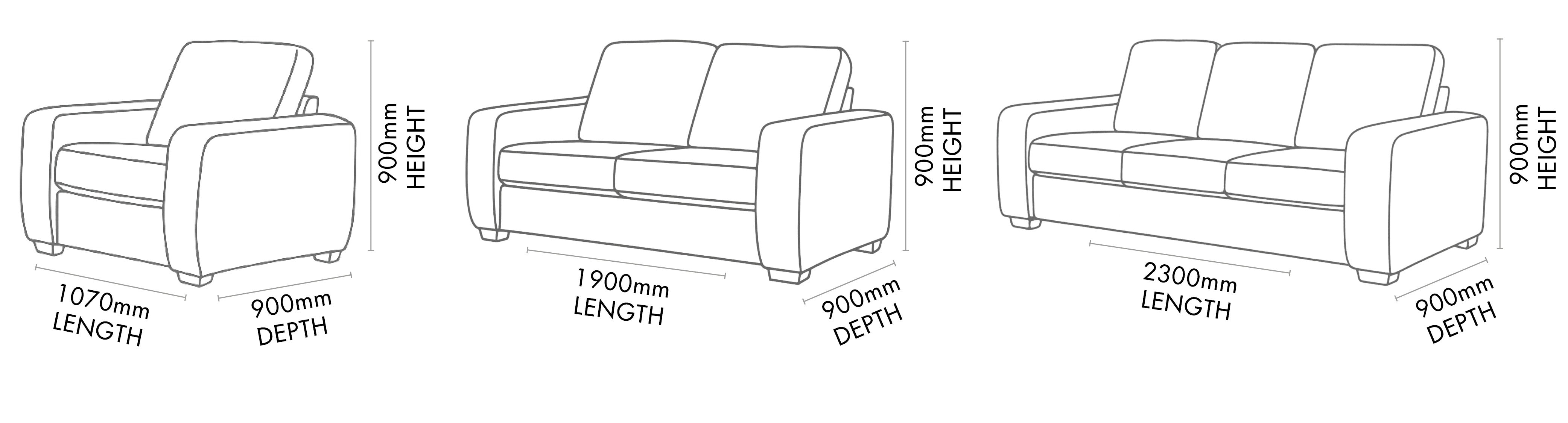 Measurement chart for Stanford 3+2+1 Fabric Lounge Suite - Warehouse Clearance