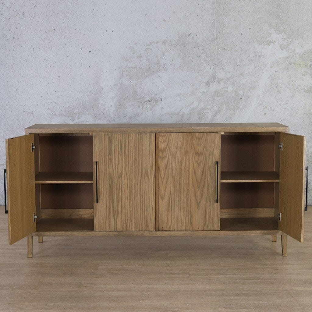 Stockholm 1.8m Sideboard in Antique Natural Oak – Front View with Open Cabinets – Showcasing Storage Space | Leather Gallery