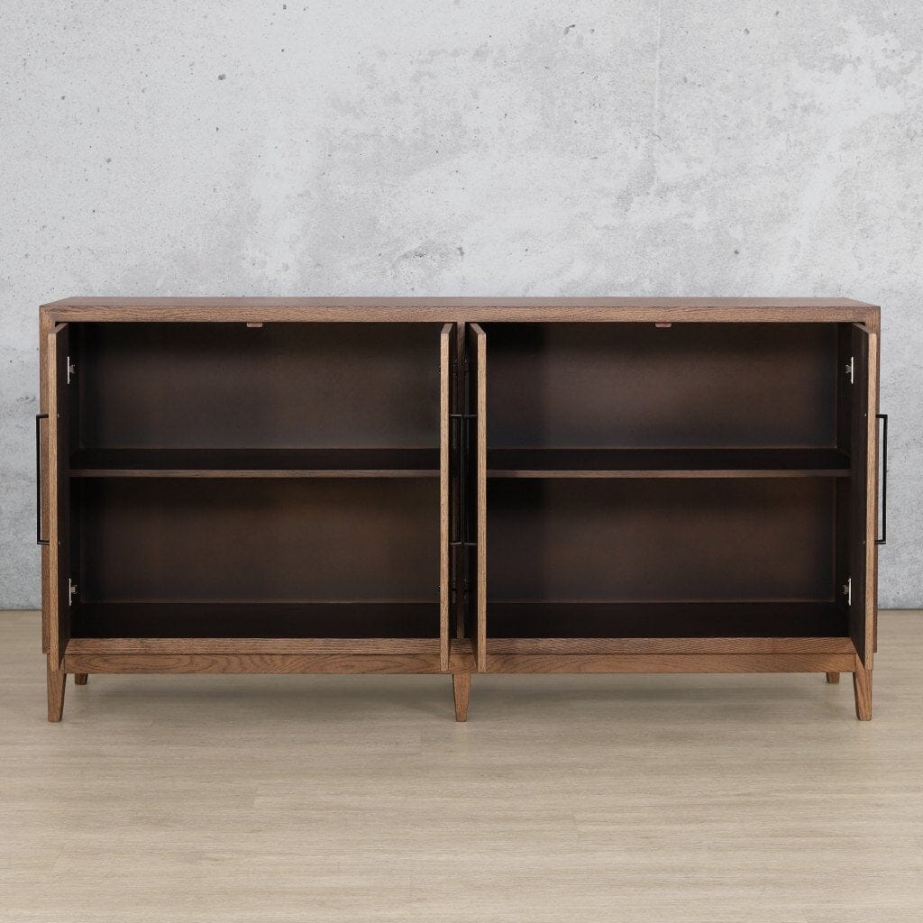 Stockholm 1.8m Sideboard in Antique Dark Oak – Front View with Open Cabinets and Shelved Interior – Stylish Storage Solution at Leather Gallery