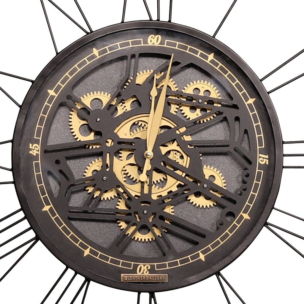 Closeup of the Sutton Industrial Clock, highlighting the craftsmanship typical of premium industrial clocks.