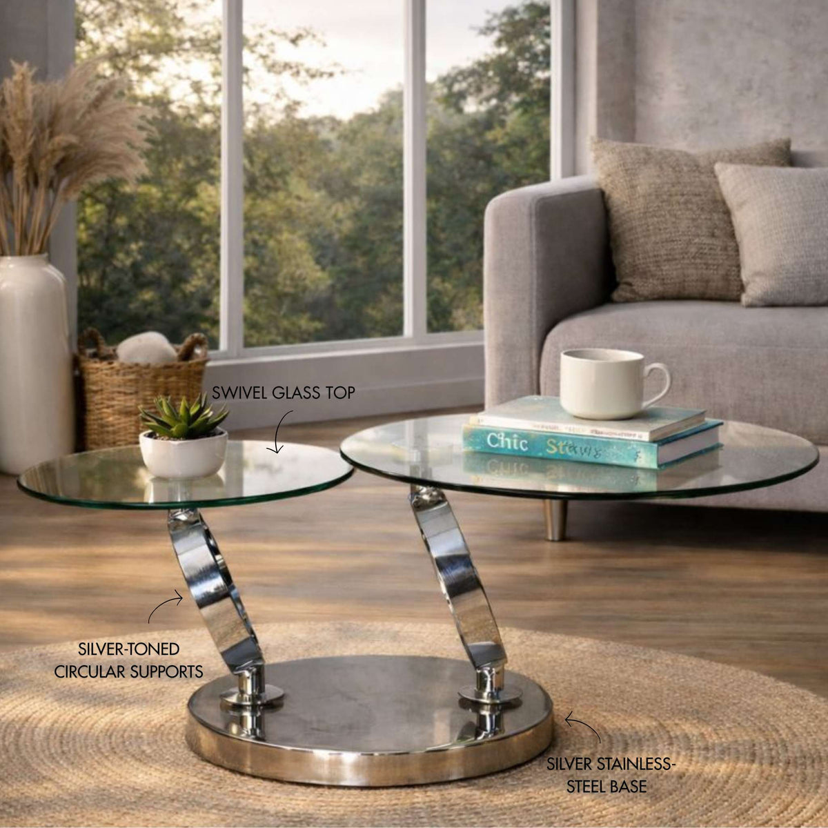 Swivel Stainless Steel Glass Coffee Table  - Silver