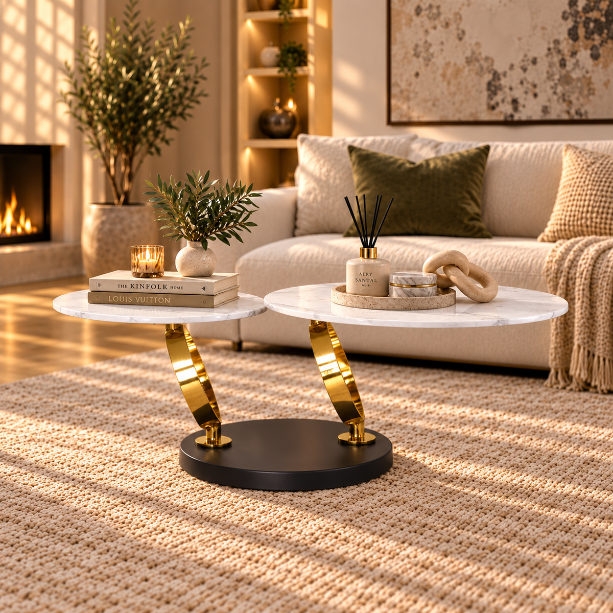 swivel stainless- steel- marble- look top coffee table gold | Leather Gallery