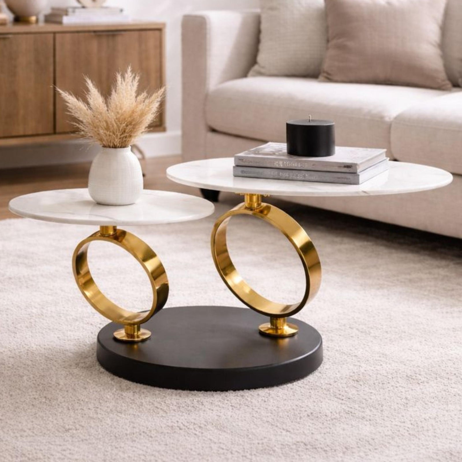 swivel stainless- steel- marble- look top coffee table gold | Leather Gallery