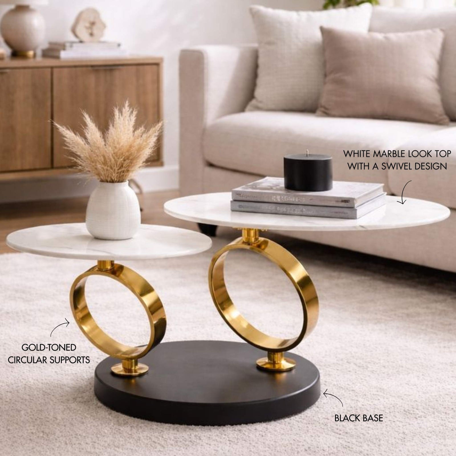 swivel stainless- steel- marble- look top coffee table gold | Leather Gallery