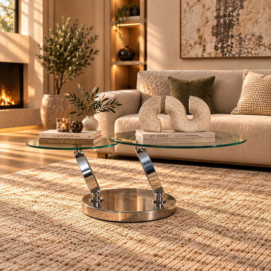 Leather Gallery Swivel Stainless Steel Glass Coffee Table in Silver, featuring a glass top and polished metal base in a modern living room.