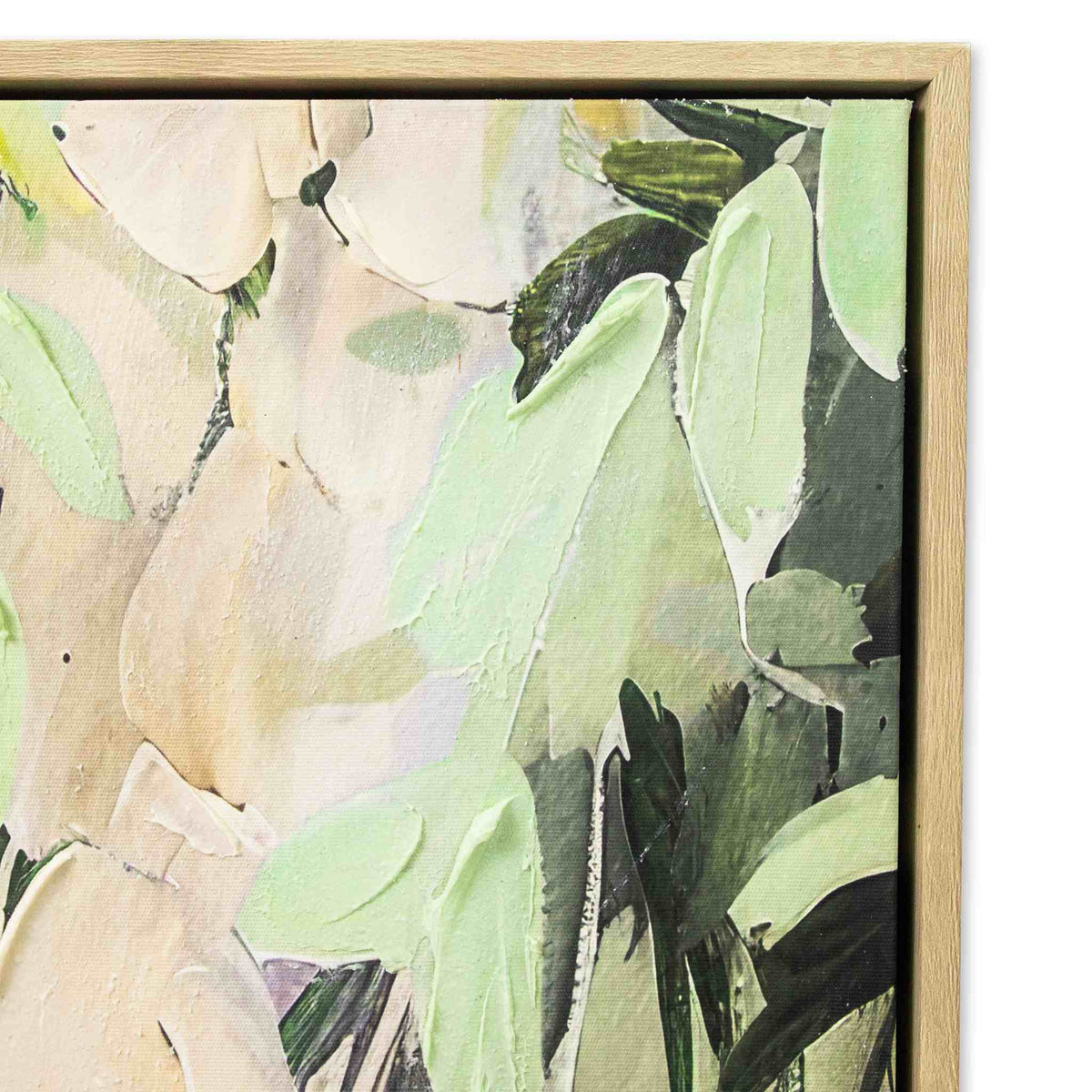 Leather Gallery Sylvan Descent Framed Artwork, featuring an abstract green and beige design.