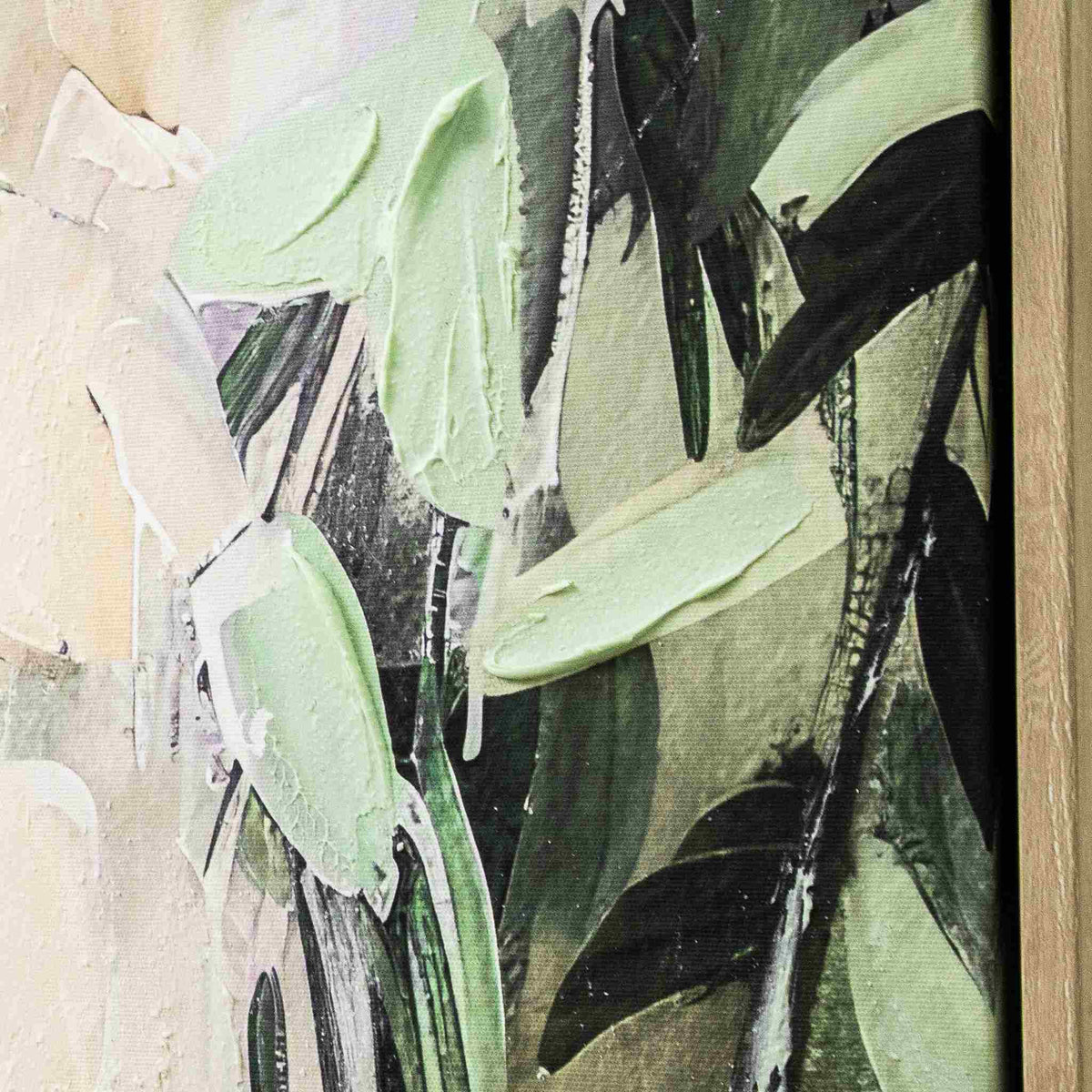 Close-up of the Leather Gallery Sylvan Descent Framed Artwork, showing textured green and black abstract details.