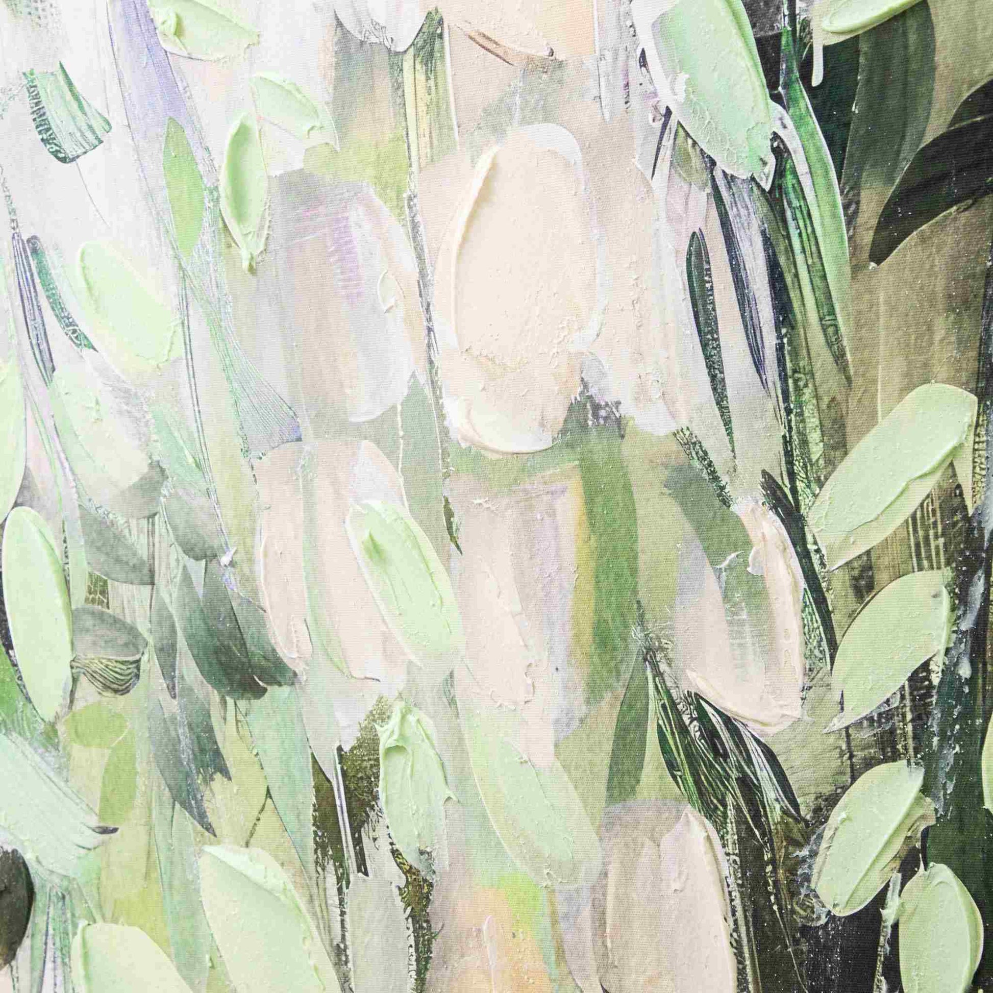 Close-up of the Leather Gallery Sylvan Descent Framed Artwork, showing textured green and beige abstract patterns.