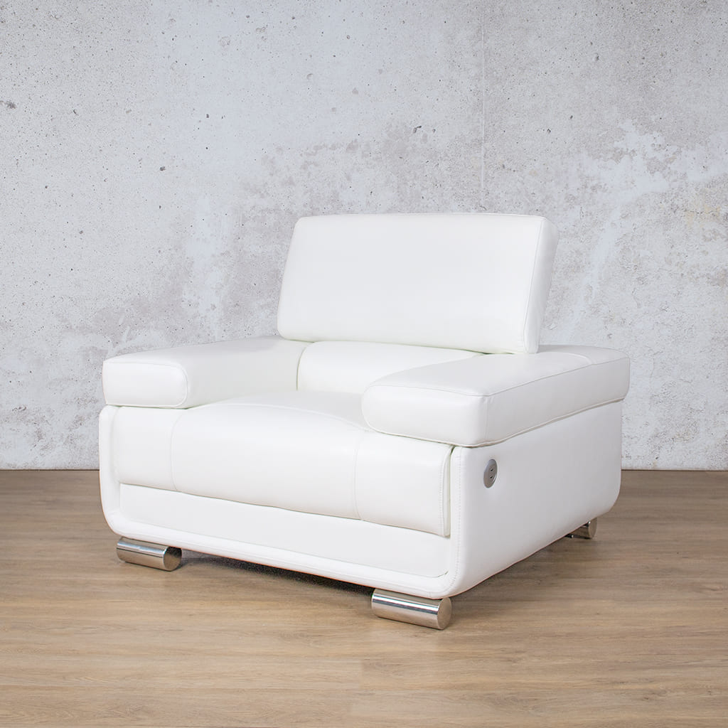Contemporary Tobago 1 Seater leather couch modern styling in bright white, showcasing clean lines and premium leather upholstered finish.