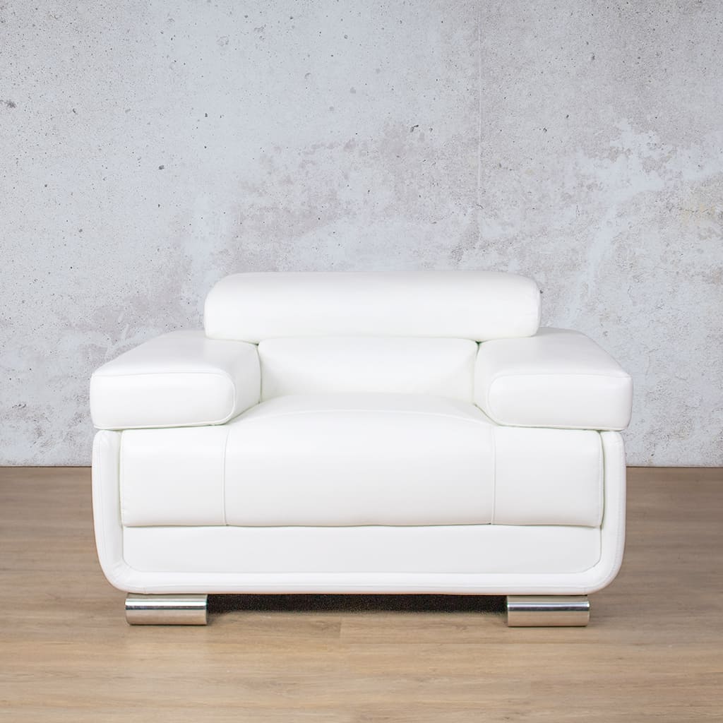 A single leather couch, the Tobago, in white, featuring a modern low-profile design and wide seating area for maximum comfort. Leather Couches, single couch
