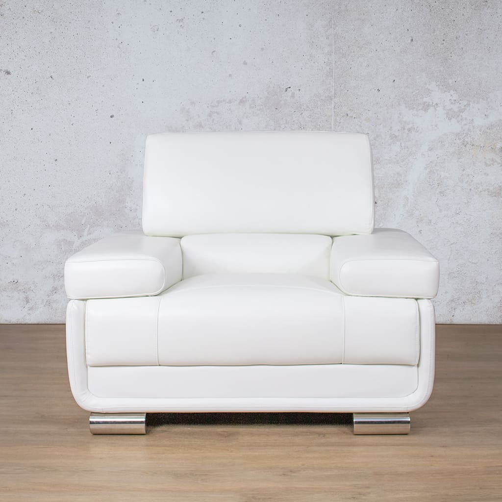 Tobago 1 Seater Leather Couch - Front view of a plush white leather couch with thick, padded armrests and sleek chrome legs against a neutral toned wall.