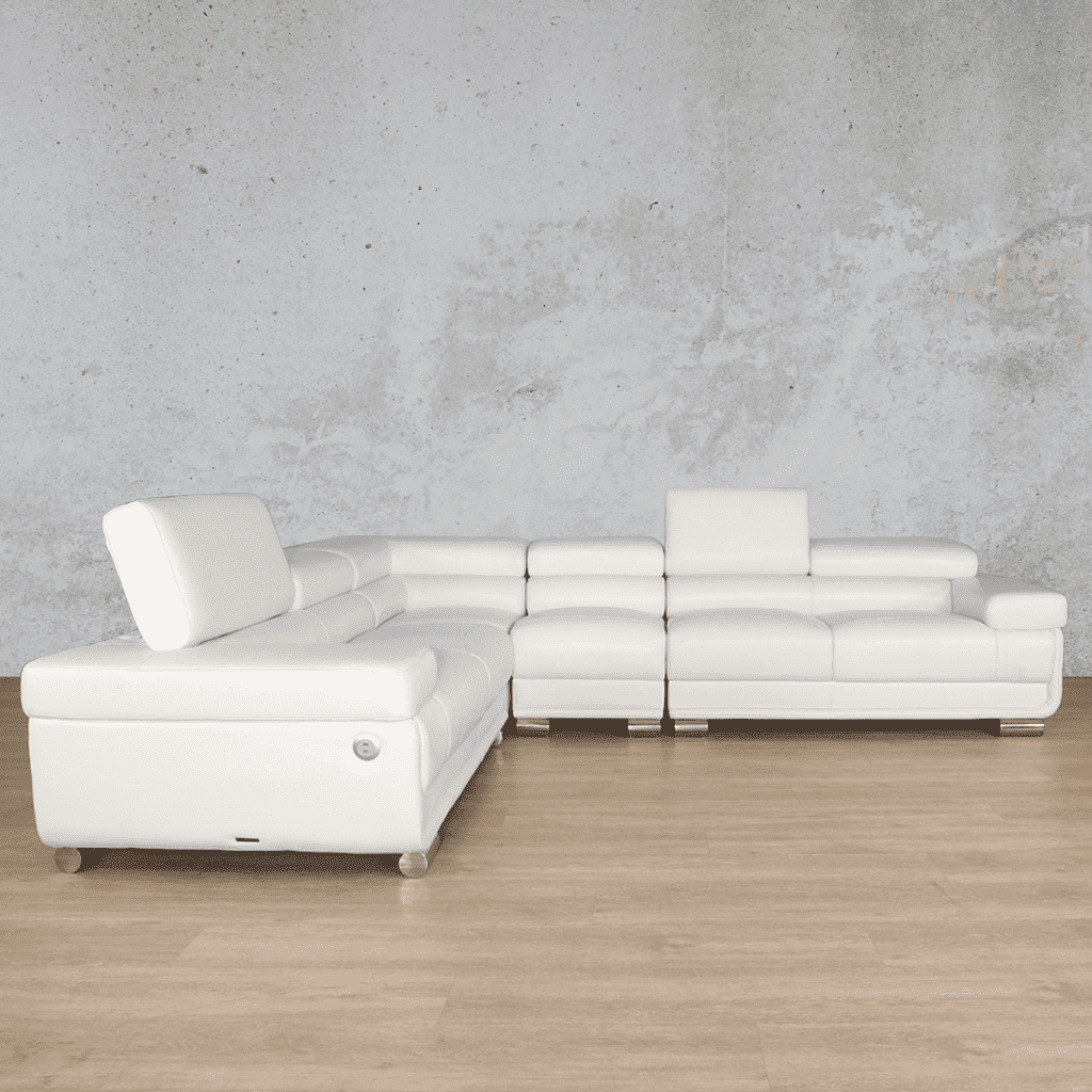 Front view of a Tobago 5 seater leather L shape couch in white | corner couch, corner couches for sale, leather corner couch, white couch