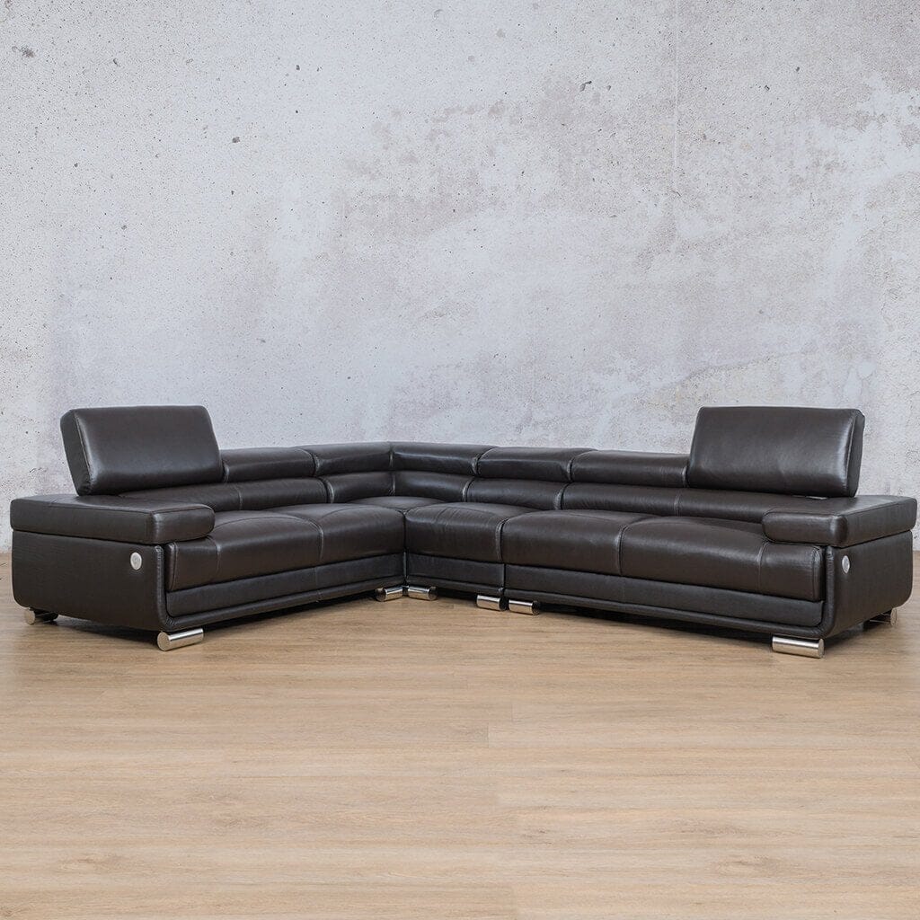 Angle view of a Tobago leather corner couch in black, with adjustable headrests. | L shape couches for sale, leather corner sofa, black couch
