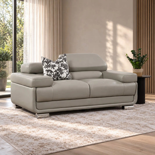 Leather Gallery Tobago 3 Seater Leather Couch in Grey, featuring a low-profile design and polished silver metal legs.